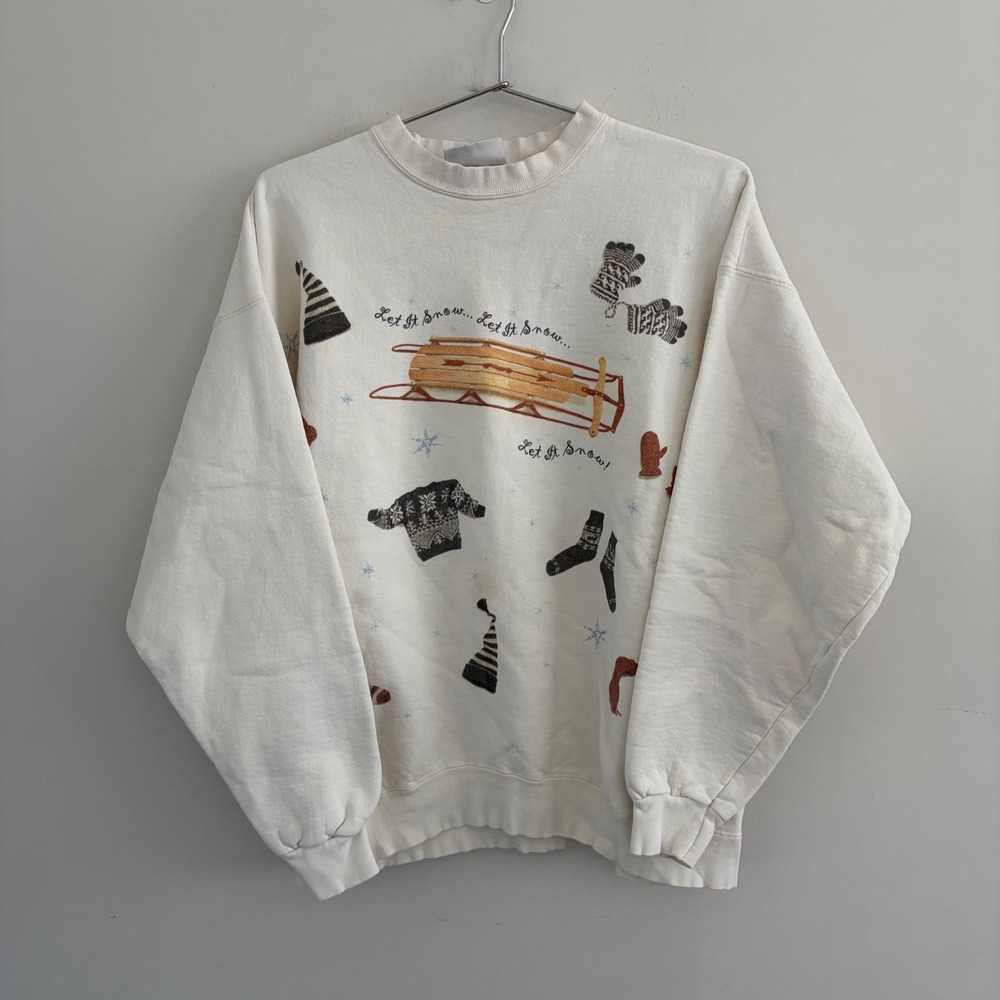 Vintage Hanes Let It Snow Winter Sled Graphic Sweatshirt White Large